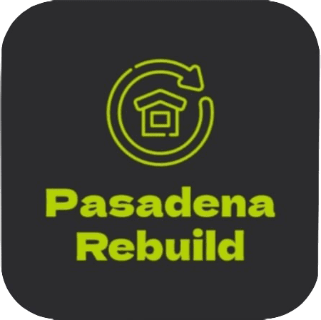 Logo with a circular arrow around a house icon above the text "Pasadena Rebuild" on a dark background.